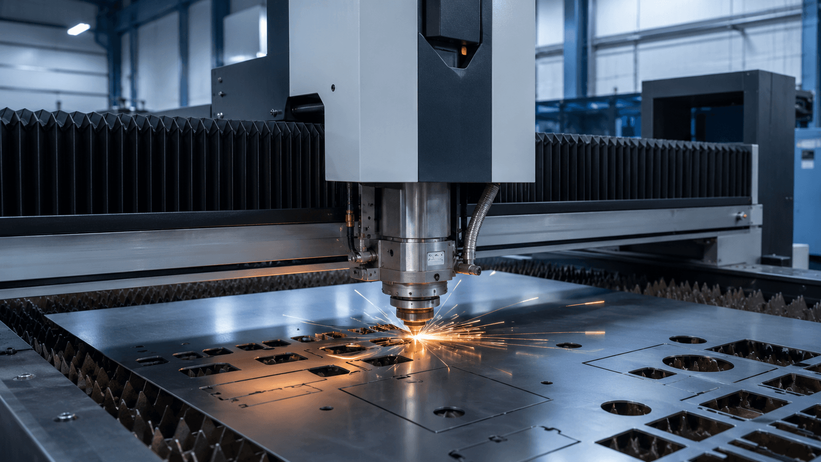Laser cutting machine in action with sparks